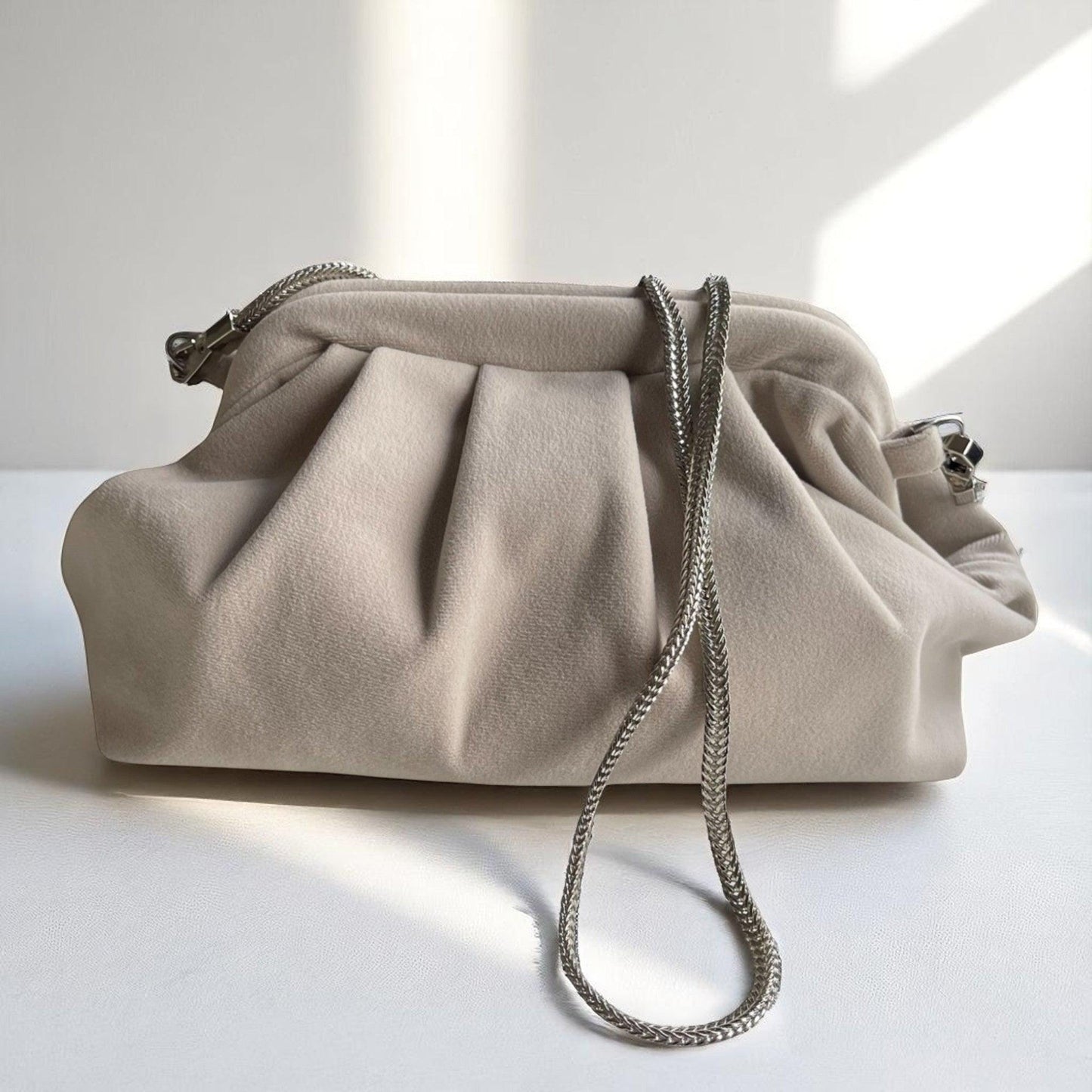 Minimalist Beige Clutch | Handmade Soft Fabric Evening Bag | Neutral Pleated Purse | Elegant Folded Bag