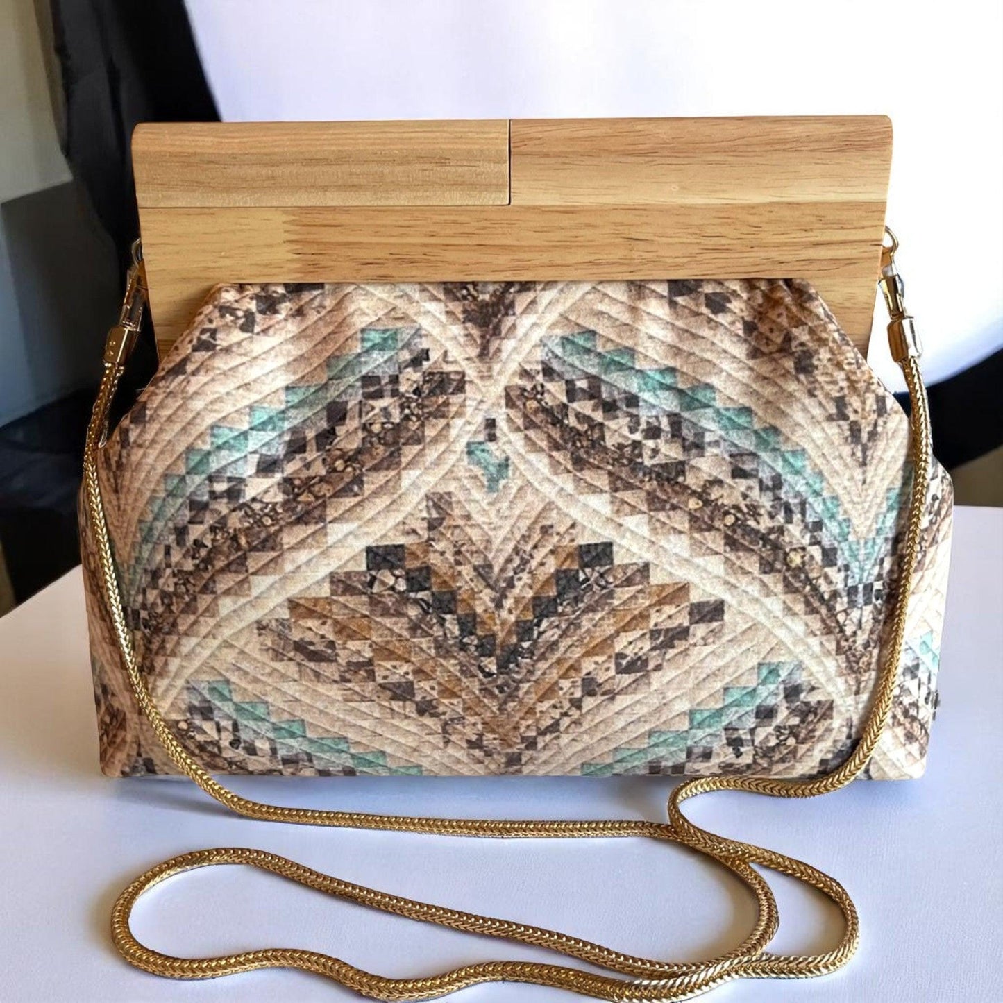 Boho Quilted Clutch with Beaded Handle | Handmade Earth-Tone Purse with Wooden Frame | Artisan Statement Bag - Glam Duchess