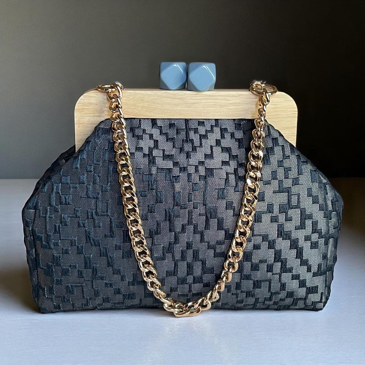 Large Textured Clutch with Wooden Frame and Yellow Beaded Handle – Handmade Evening Purse | Elegant Party Bag | Aramele Atelier
