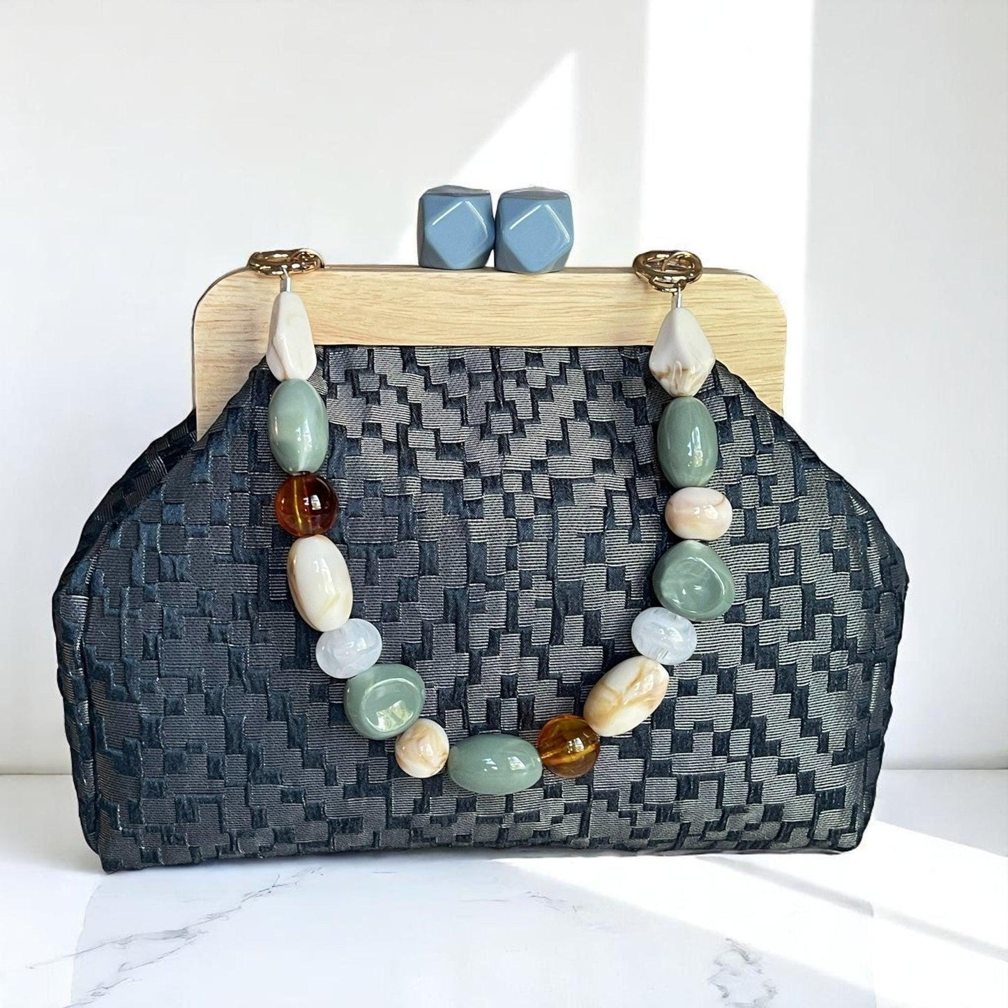 Large Textured Clutch with Wooden Frame and Yellow Beaded Handle – Handmade Evening Purse | Elegant Party Bag | Aramele Atelier