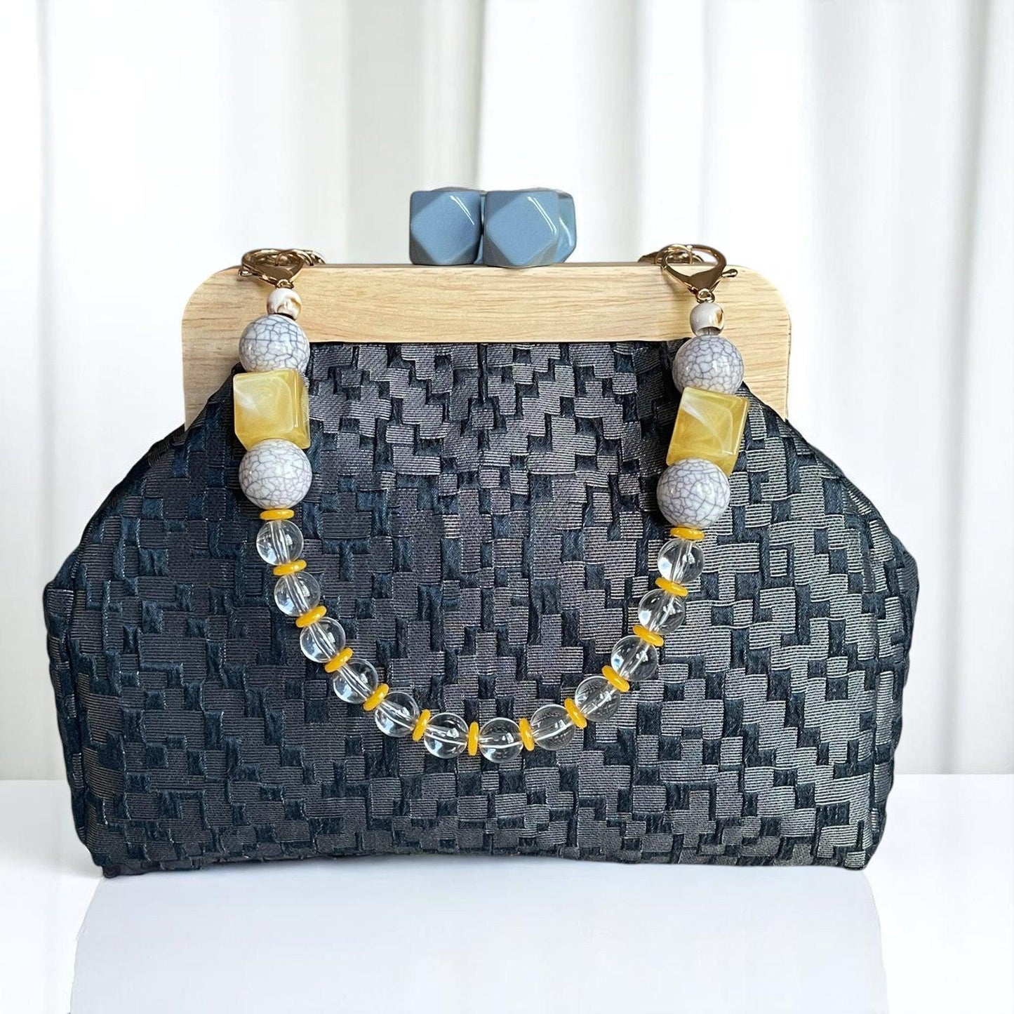 Large Textured Clutch with Wooden Frame and Yellow Beaded Handle – Handmade Evening Purse | Elegant Party Bag | Aramele Atelier