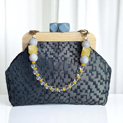 Large Textured Clutch with Wooden Frame and Yellow Beaded Handle – Handmade Evening Purse | Elegant Party Bag | Aramele Atelier