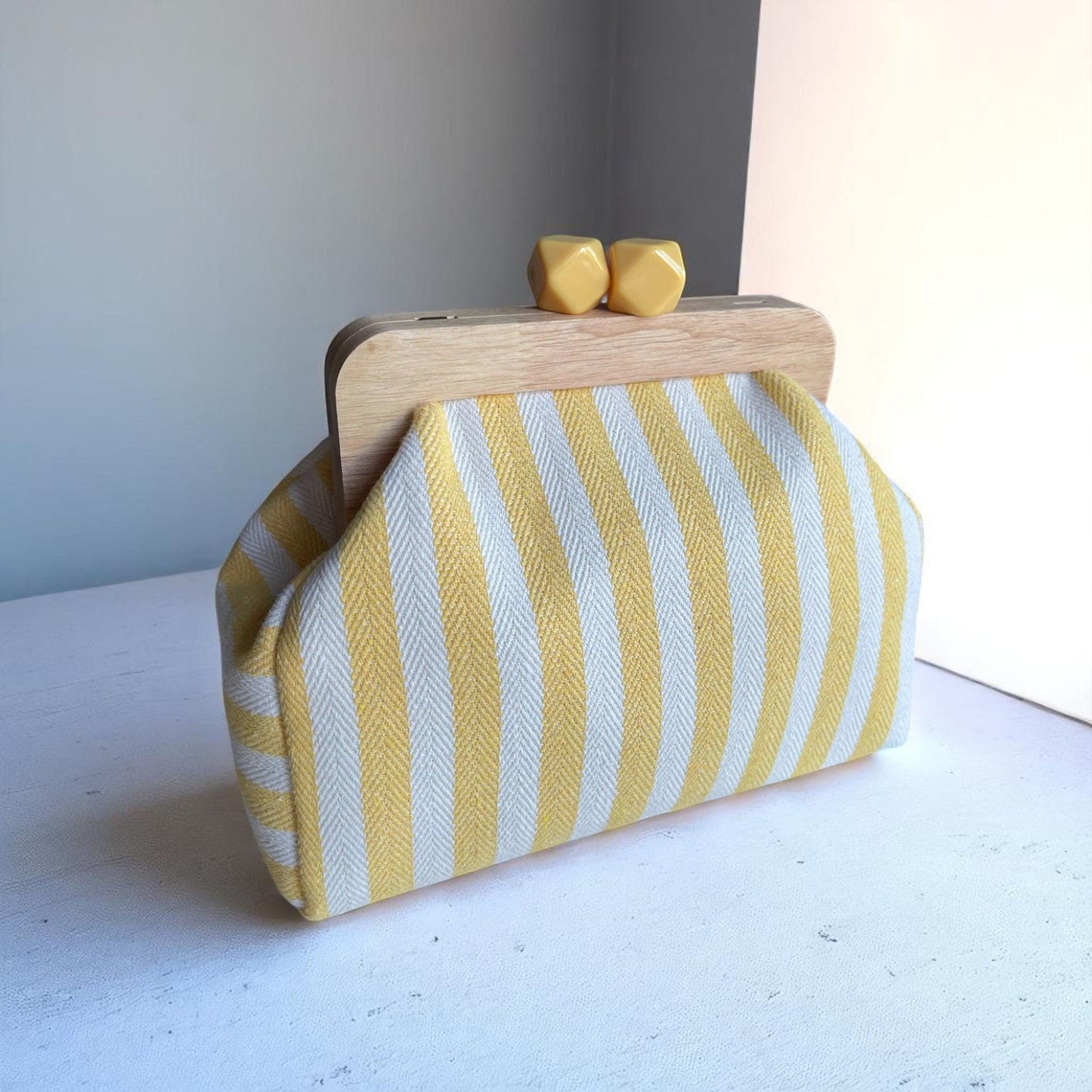 Yellow White Striped Bag Set | Handmade Tote, Clutch & Zipper Pouch | Summer Canvas Purse Trio | Beach Bag Set