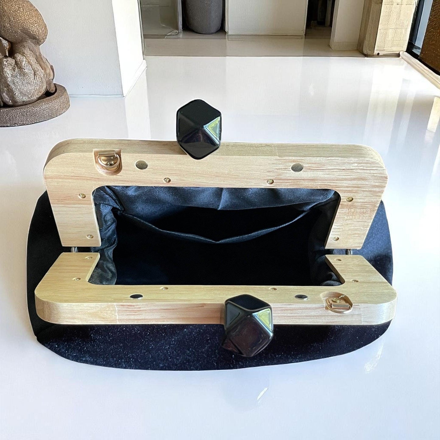 Black Large Clutch with Wooden Frame and Geometric Beaded Handle, Handmade Evening Bag | Modern Formal Purse | Aramele Atelier