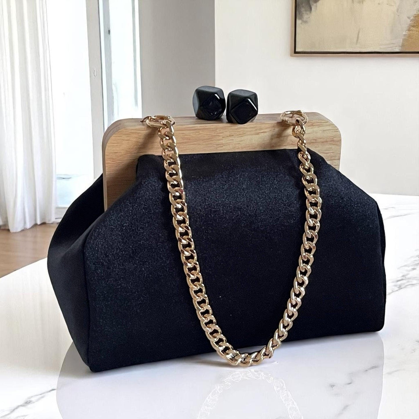 Unique Black Velvet Clutch Bag, Handmade Luxury Large Evening Purse, Gift for Her