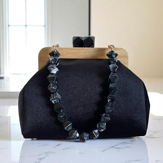 Black Large Clutch with Wooden Frame and Geometric Beaded Handle, Handmade Evening Bag | Modern Formal Purse | Aramele Atelier