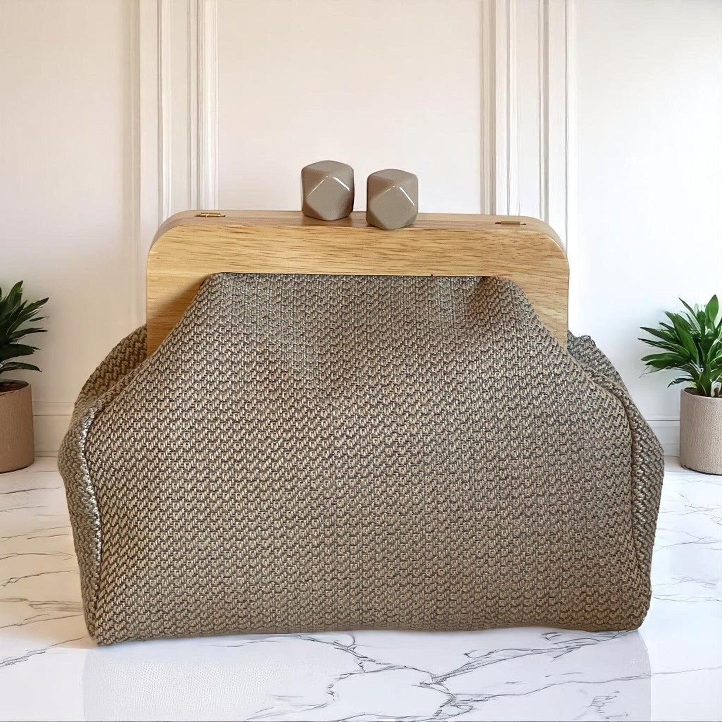 Handmade Woven Clutch with Wood Frame, Natural Texture Evening Bag from Türkiye