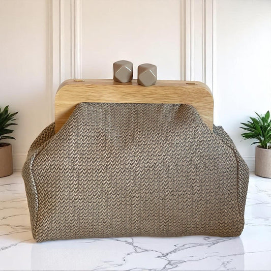 Handmade Woven Clutch with Wood Frame, Natural Texture Evening Bag from Türkiye