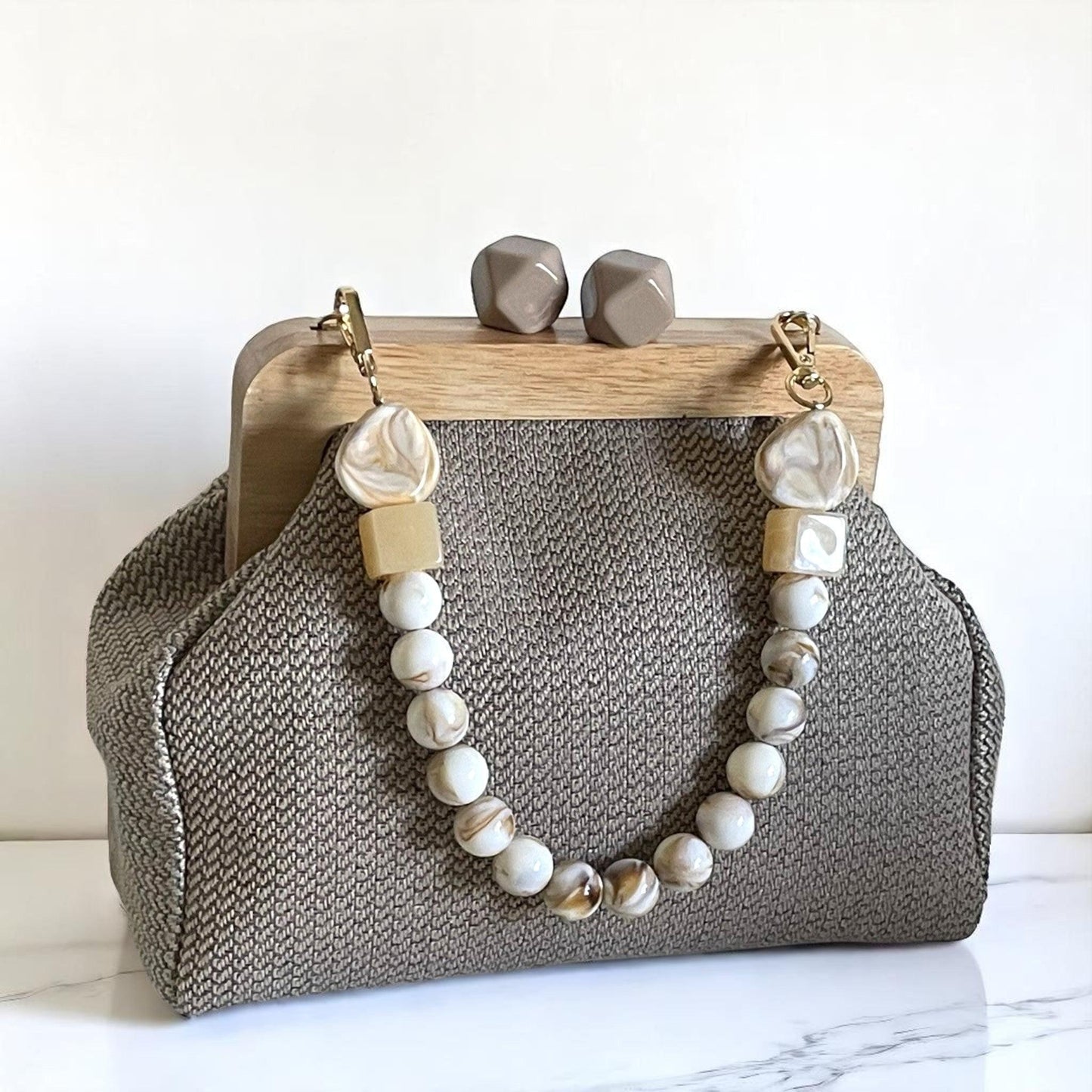 Handmade Woven Clutch with Wood Frame, Natural Texture Evening Bag from Türkiye