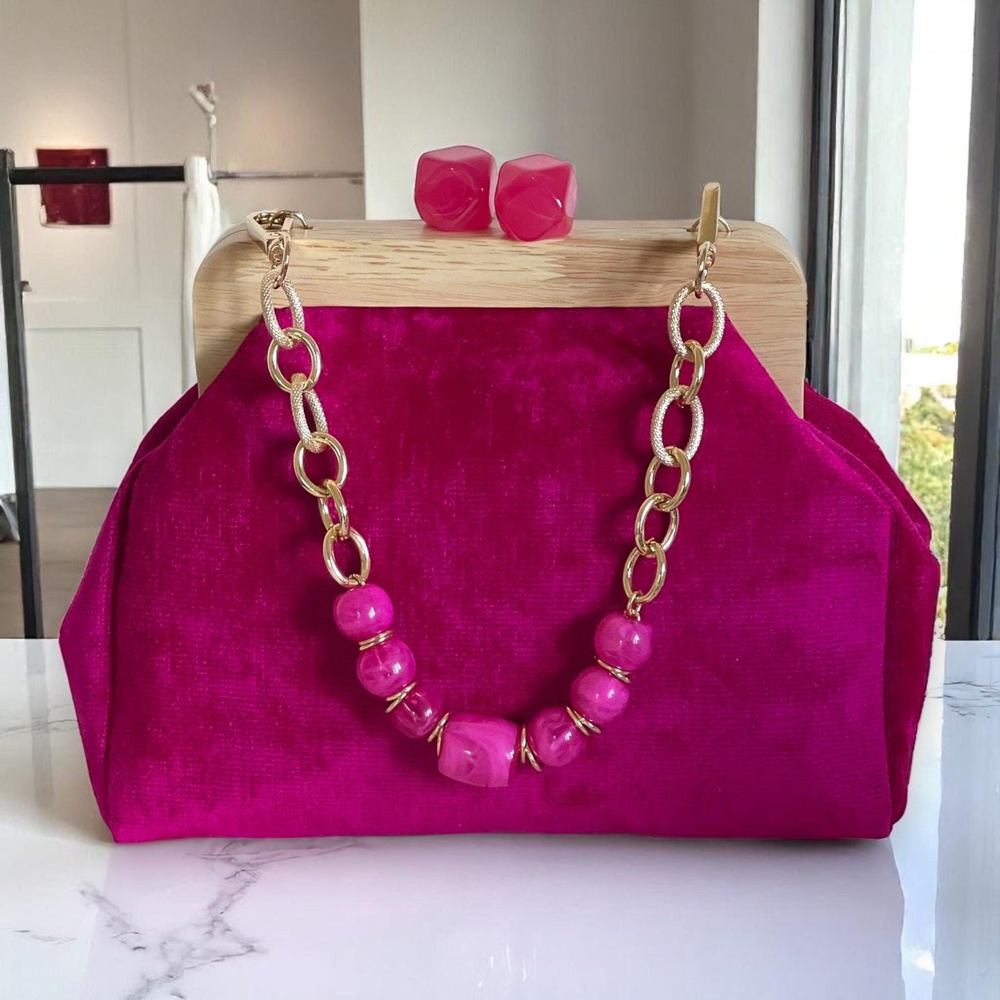 Luxury Fuchsia Velvet Clutch Handmade with Wood Frame , Minimal Evening Bag, Elegant Party Purse, Unique Gift from Türkiye