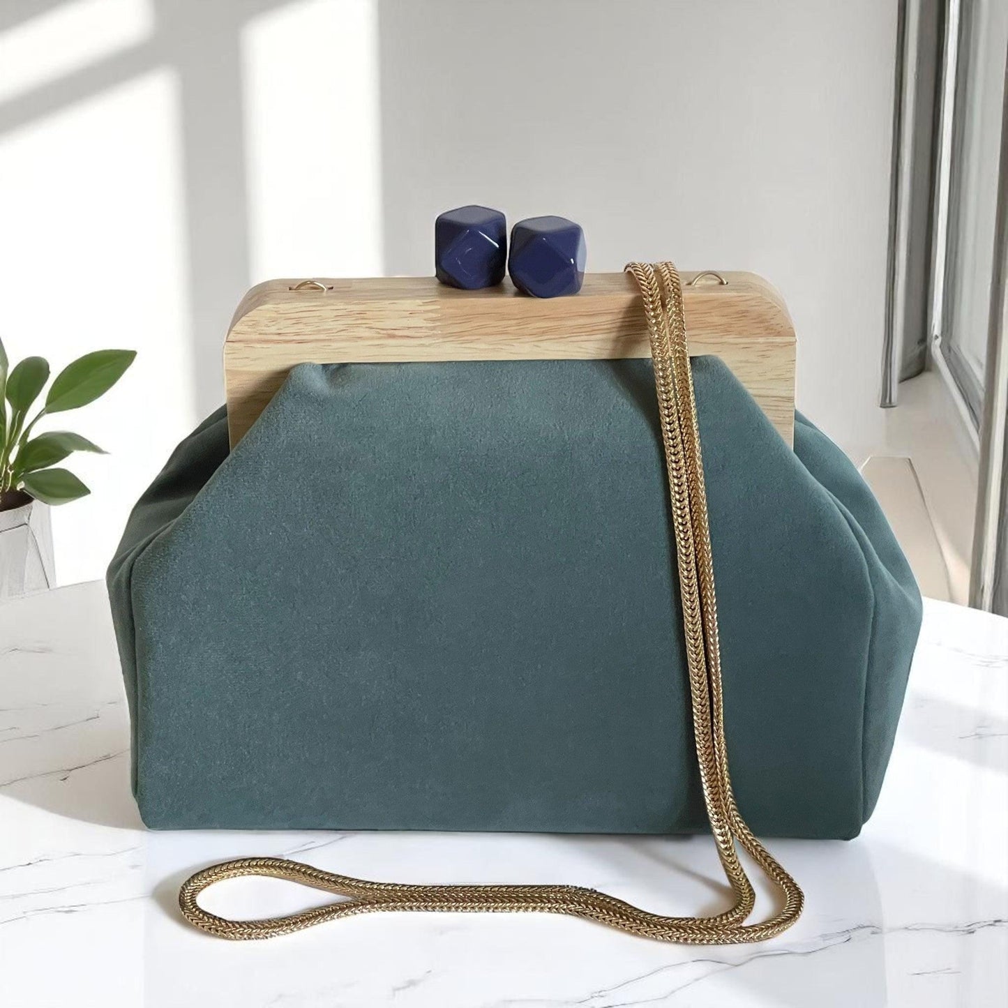 Green Velvet Clutch with Gold Chain | Handmade Wooden Frame Bag with Navy Clasp, Elegant Evening Purse, Statement Accessory| Made in Türkiye