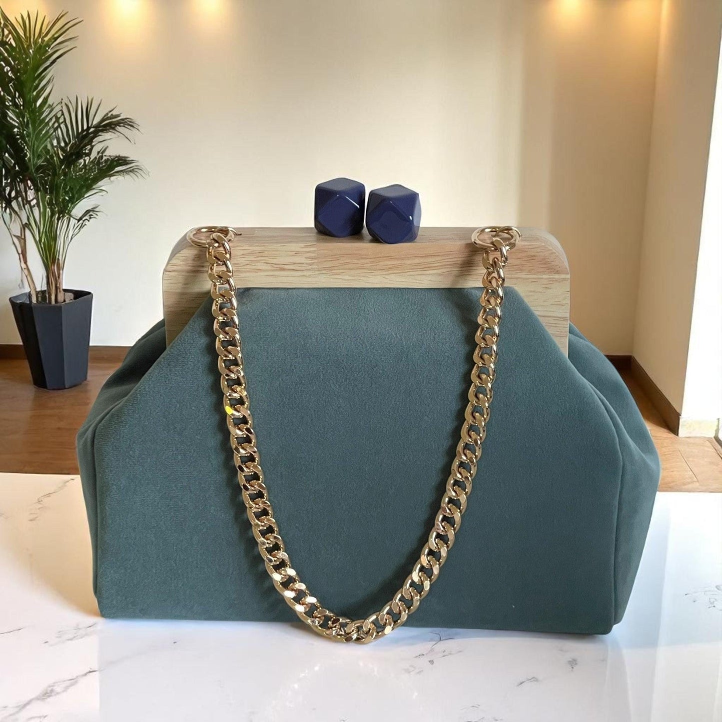 Green Velvet Clutch with Gold Chain | Handmade Wooden Frame Bag with Navy Clasp, Elegant Evening Purse, Statement Accessory| Made in Türkiye