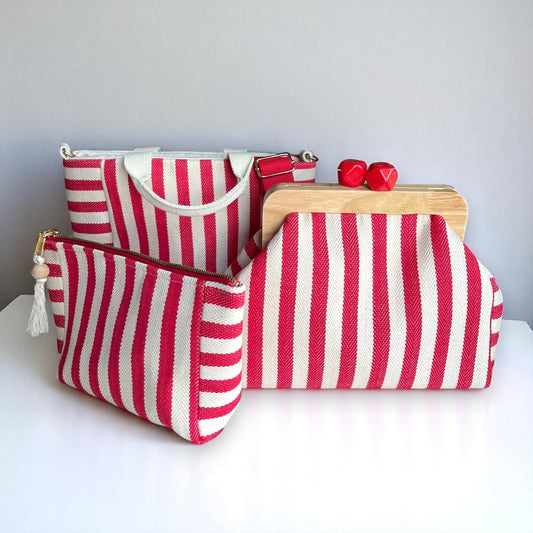Red White Striped Bag Set, Handmade Tote, Clutch & Pouch Trio, Canvas Beach Bags, Summer Accessory Bag Set, Made in Türkiye