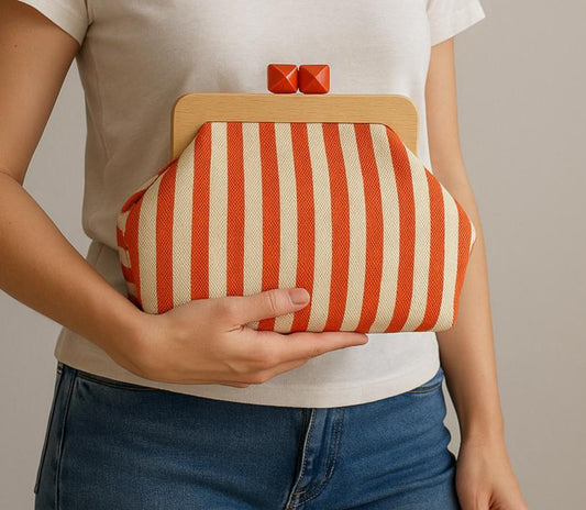Striped Canvas Clutch with Wooden Frame - Handmade  Bag, Lightweight Summer Purse, Eco-Friendly Accessory, Unique Gift Idea
