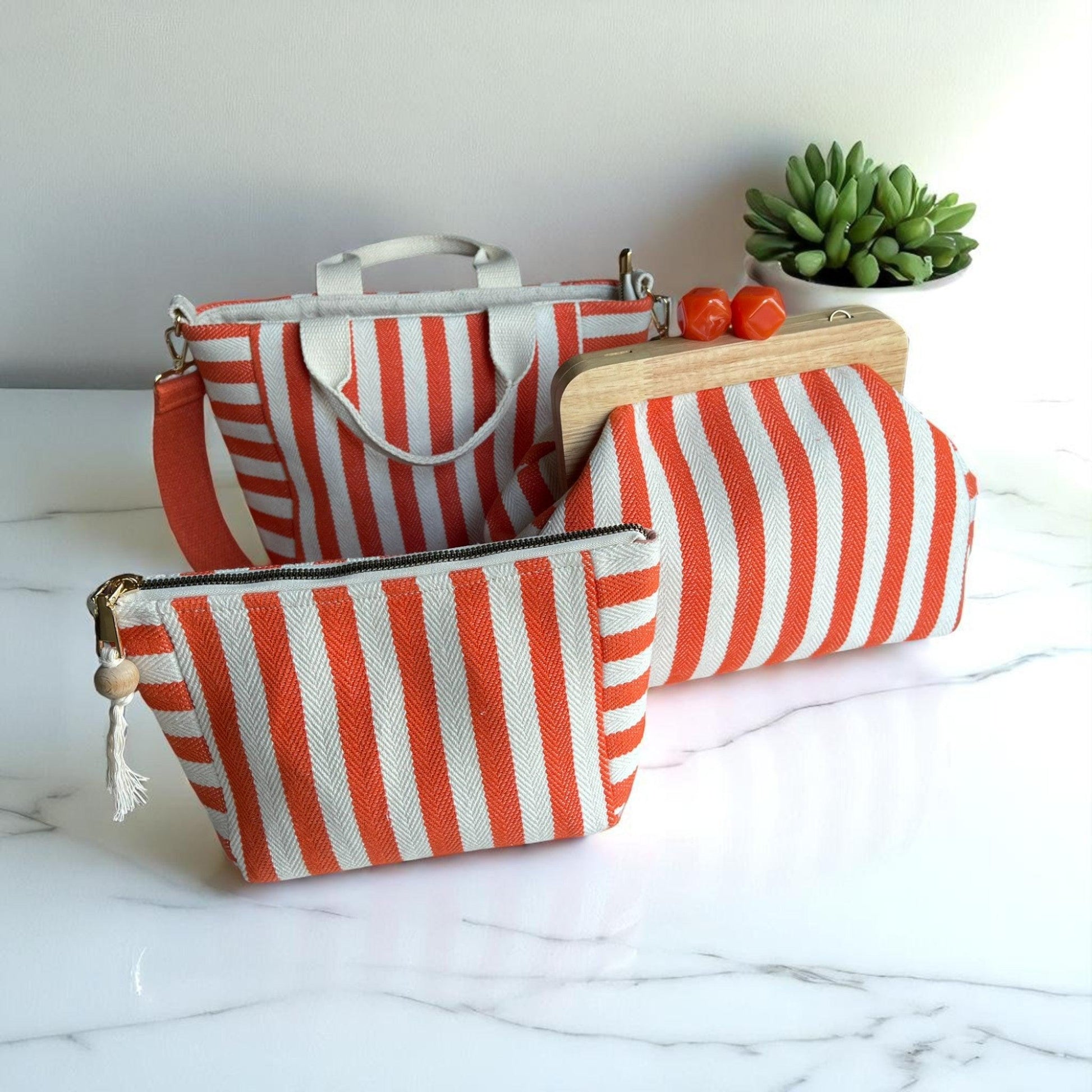 Orange and White Striped Canvas Bag Set, Handmade Tote, Clutch, and Pouch with Wood Frame and Zipper| Summer Travel Set, Hand - Glam Duchess