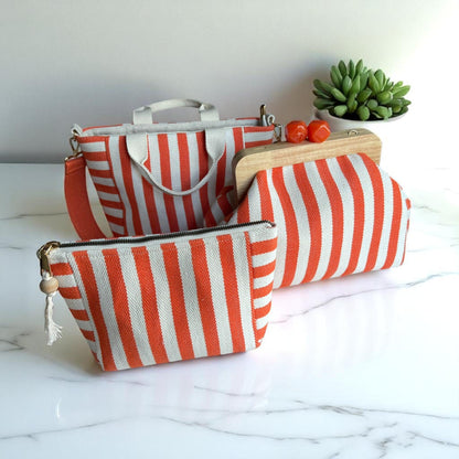 Orange and White Striped Canvas Bag Set, Handmade Tote, Clutch, and Pouch with Wood Frame and Zipper| Summer Travel Set, Hand - Glam Duchess