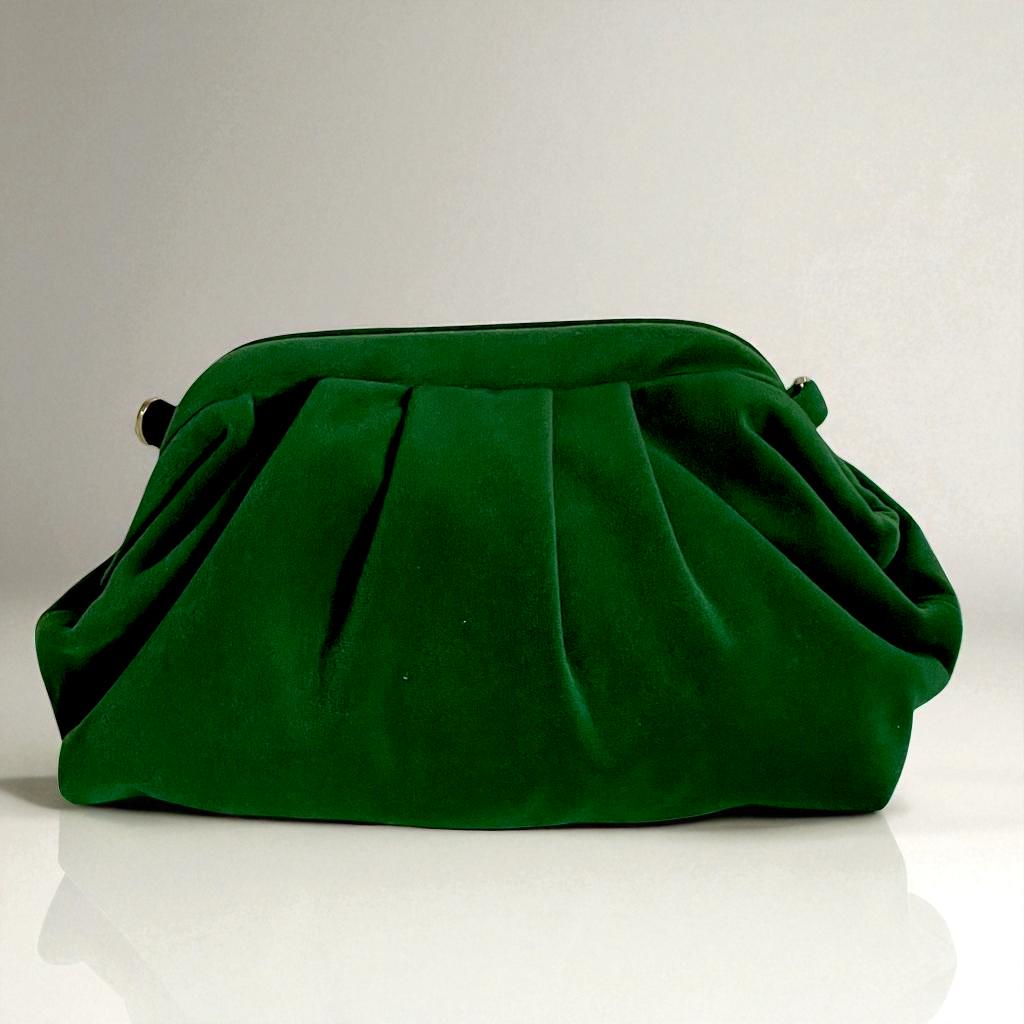 Emerald Green Velvet Clutch Bag | Vintage-Inspired Evening Purse | Soft Pleated Fabric Handbag | Elegant Formal Party Bag | Made in Türkiye