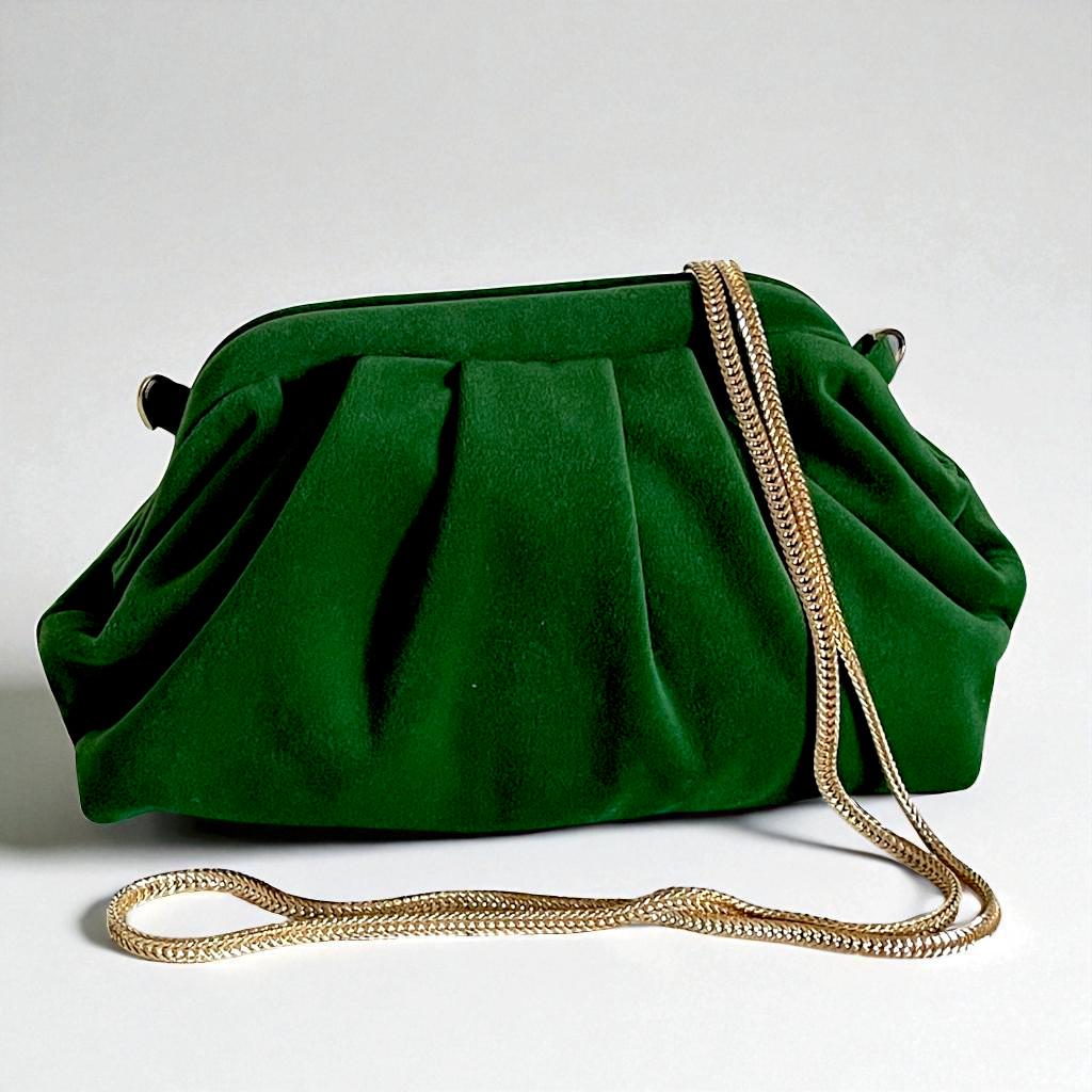 Emerald Green Velvet Clutch Bag | Vintage-Inspired Evening Purse | Soft Pleated Fabric Handbag | Elegant Formal Party Bag | Made in Türkiye