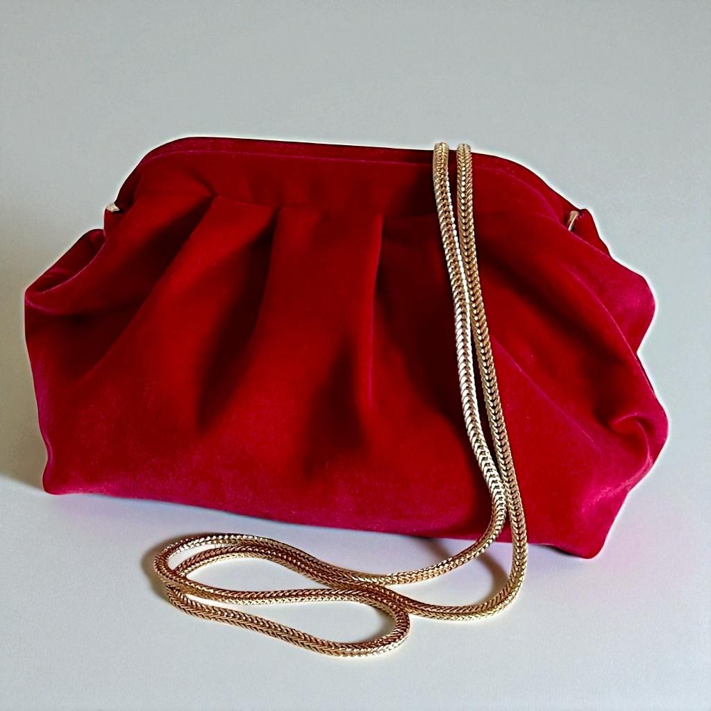 Red Velvet Clutch Bag with Beaded Handle – Elegant Evening Purse, Vintage Style Handbag for Weddings, Parties| - Glam Duchess