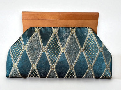 Vintage-Inspired Green Gold Tapestry Clutch Bag with Wooden Frame – Elegant Geometric Evening Purse for Special Occasions