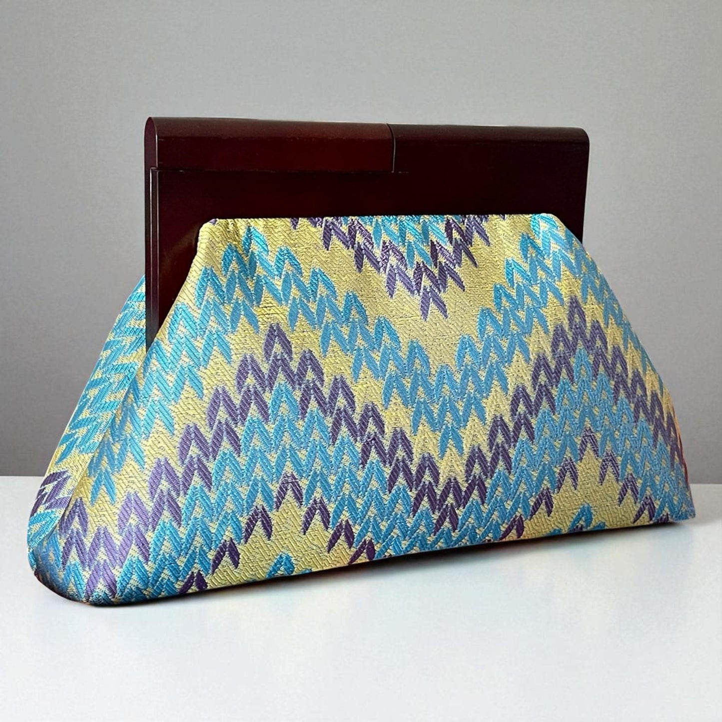 Oversized Vintage-Inspired Brocade Clutch Bag with Wooden Frame | Zigzag Pattern Evening Purse | Statement Handbag, Made in Turkiye