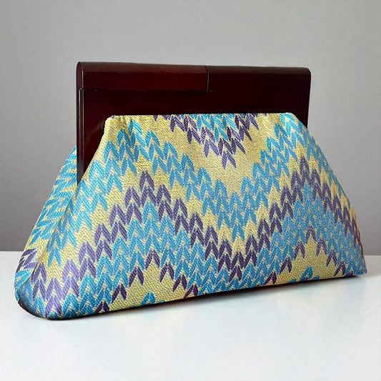 Oversized Vintage-Inspired Brocade Clutch Bag with Wooden Frame | Zigzag Pattern Evening Purse | Statement Handbag, Made in Turkiye