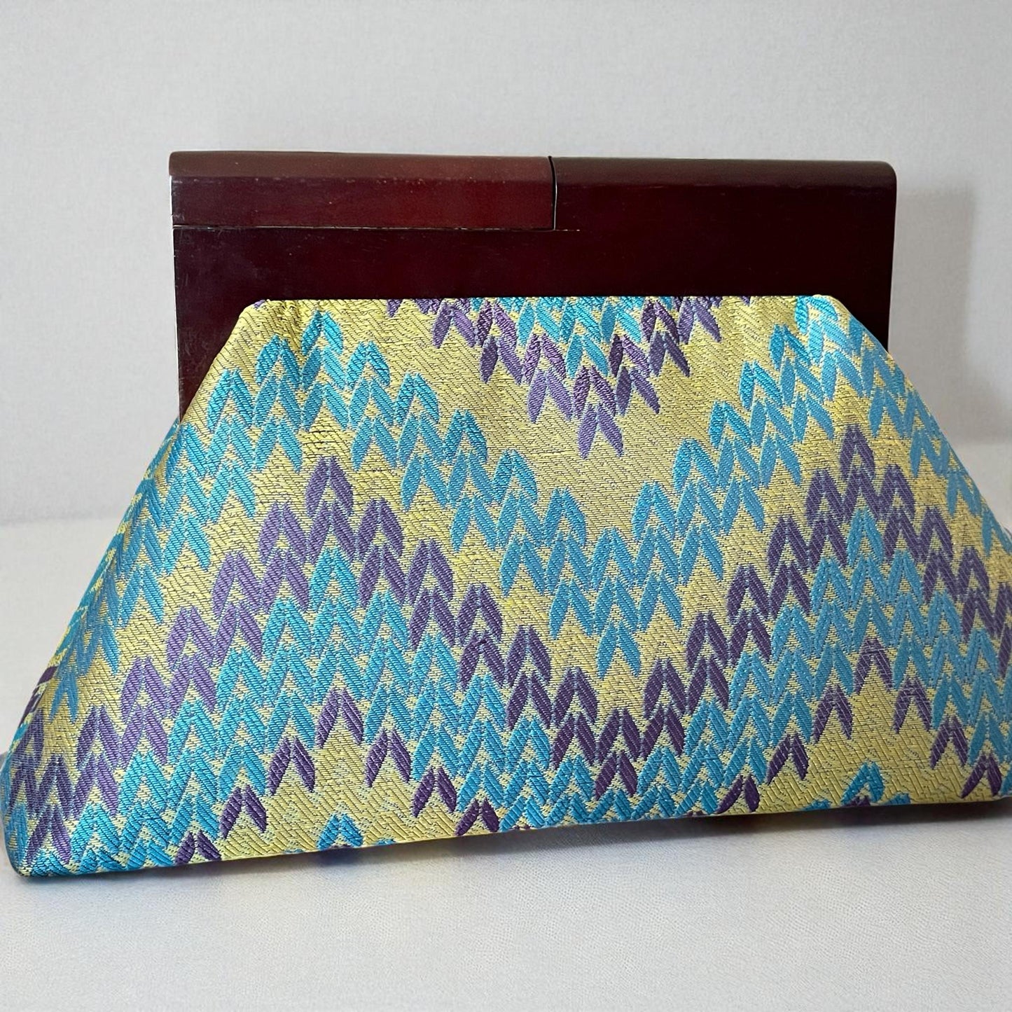 Oversized Vintage-Inspired Brocade Clutch Bag with Wooden Frame | Zigzag Pattern Evening Purse | Statement Handbag, Made in Turkiye