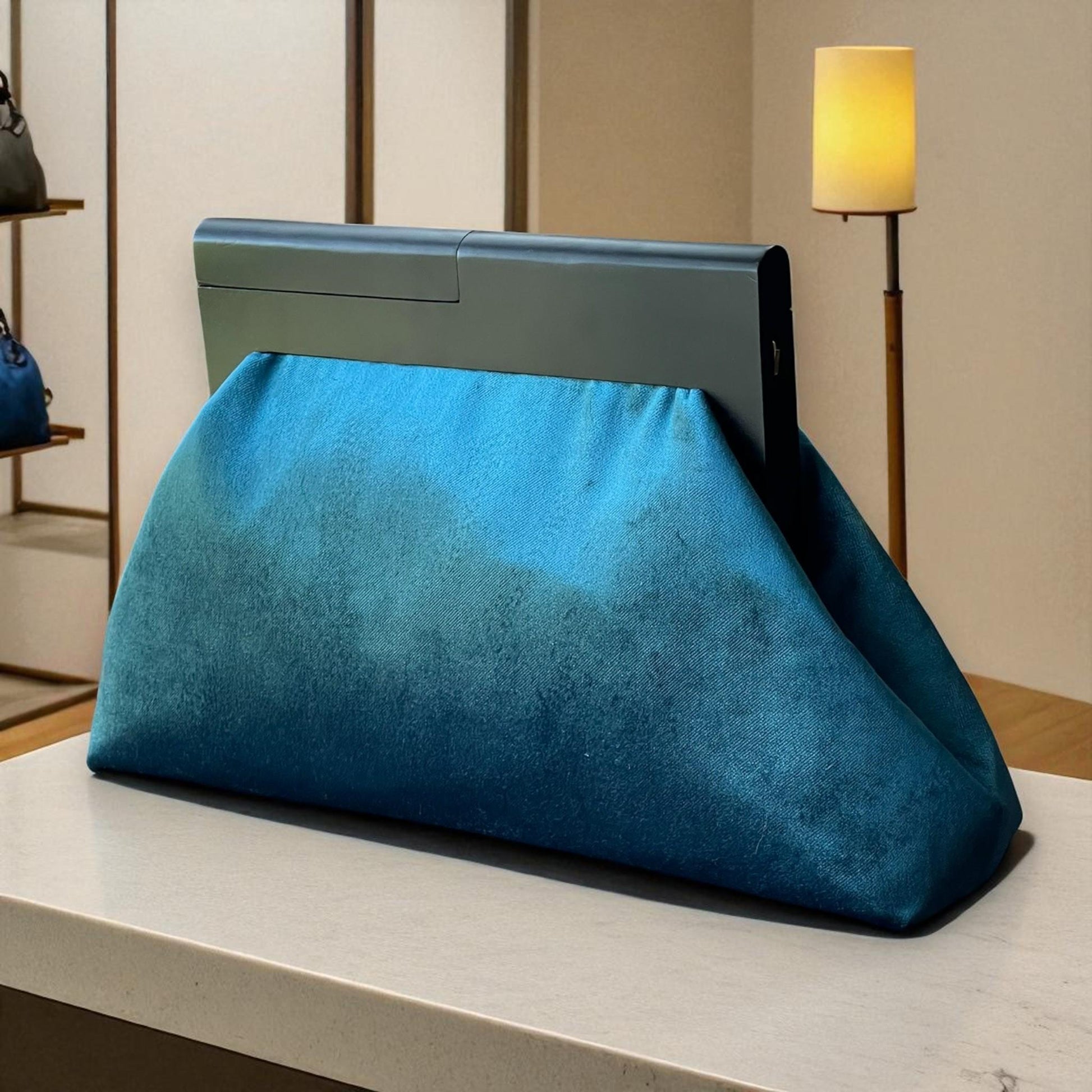 Oversized Turquoise Velvet Clutch Bag with Black Wooden Frame | Luxury Statement Evening Purse | Handmade Soft Suede Bag - Glam Duchess