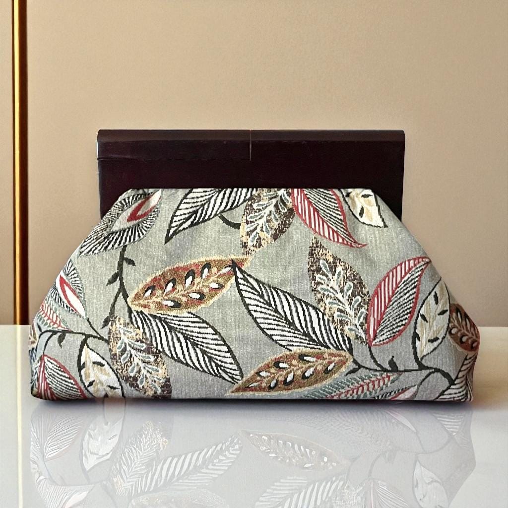 Oversized Leaf Print Fabric Clutch Bag with Wooden Frame| Botanical Pattern Evening Purse| Handmade Nature-Inspired Handbag - Glam Duchess