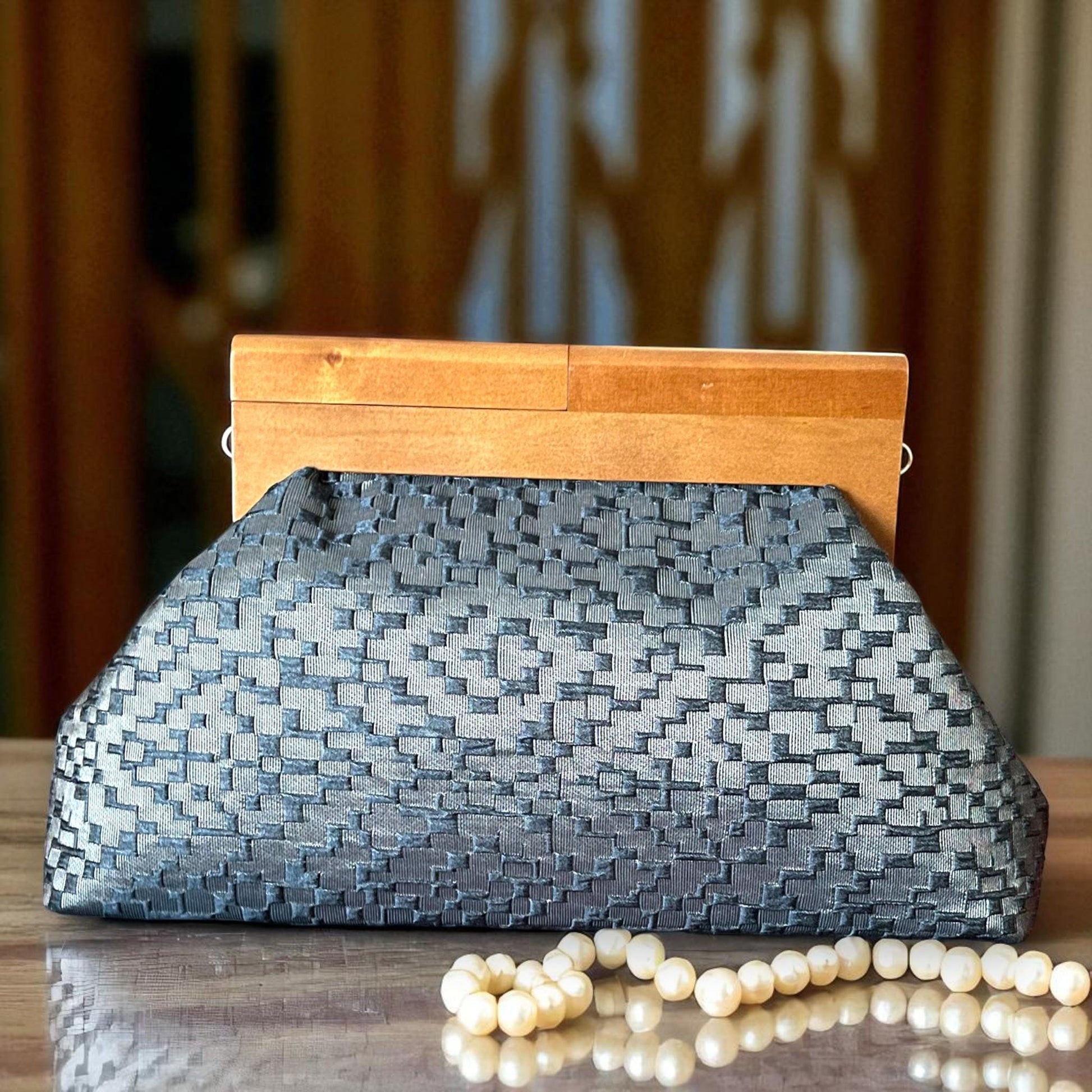 Textured Gray Clutch Bag with Wooden Frame, Large Evening Purse, Elegant Structured Handbag for Women - Glam Duchess