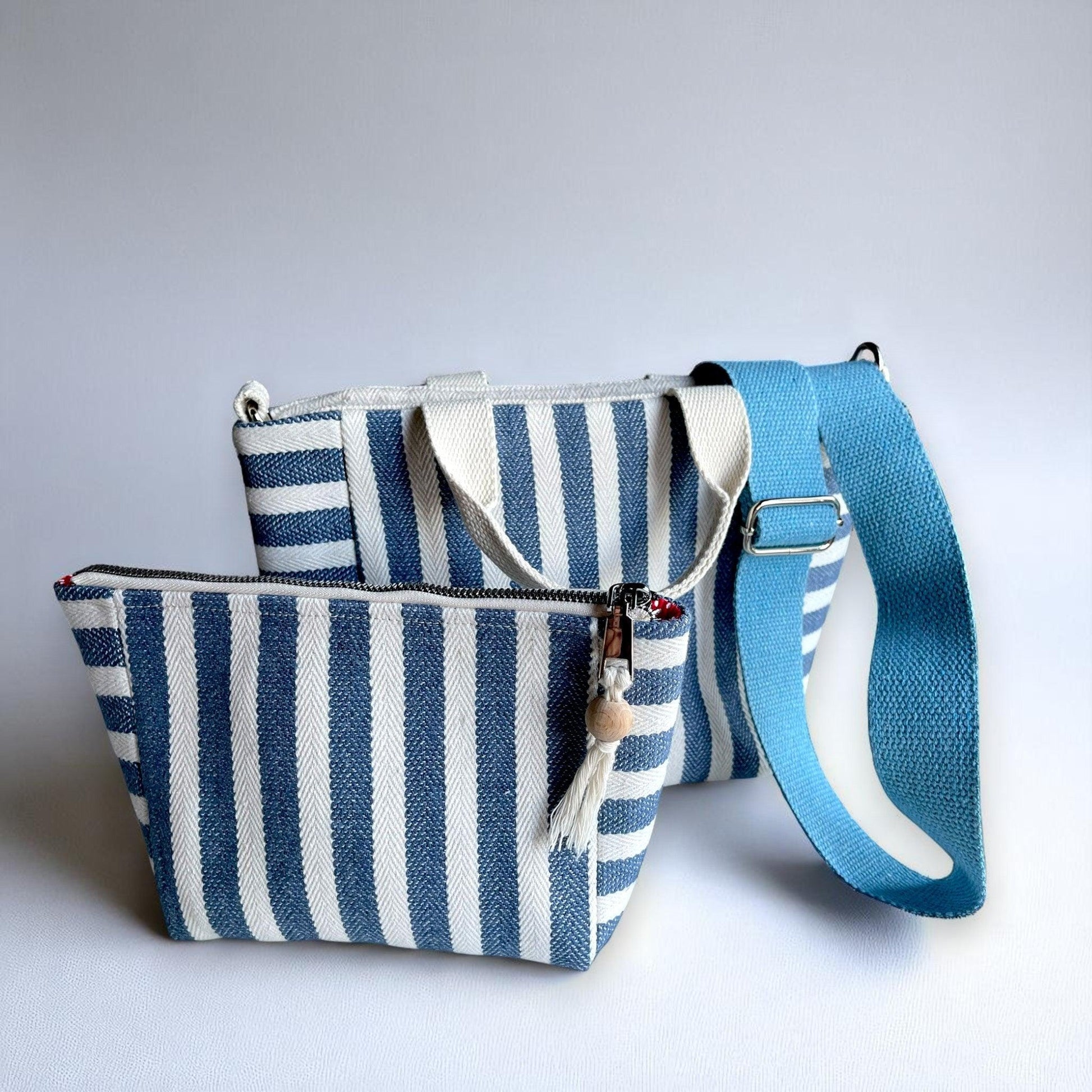 Blue White Striped Bag Set | Handmade Canvas Tote, Clutch & Zipper Pouch | Nautical Summer Purse Trio | Beach Bag Set - Glam Duchess