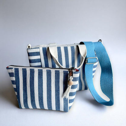 Blue White Striped Bag Set | Handmade Canvas Tote, Clutch & Zipper Pouch | Nautical Summer Purse Trio | Beach Bag Set - Glam Duchess