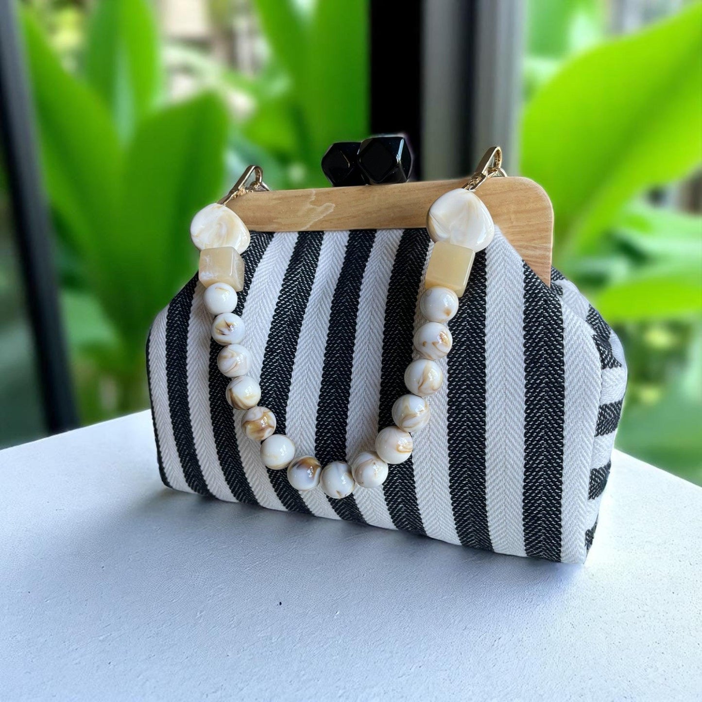 Striped Canvas Clutch with Wooden Frame – Handmade  Purse, Boho Bag, Summer Accessory, Lightweight & Durable