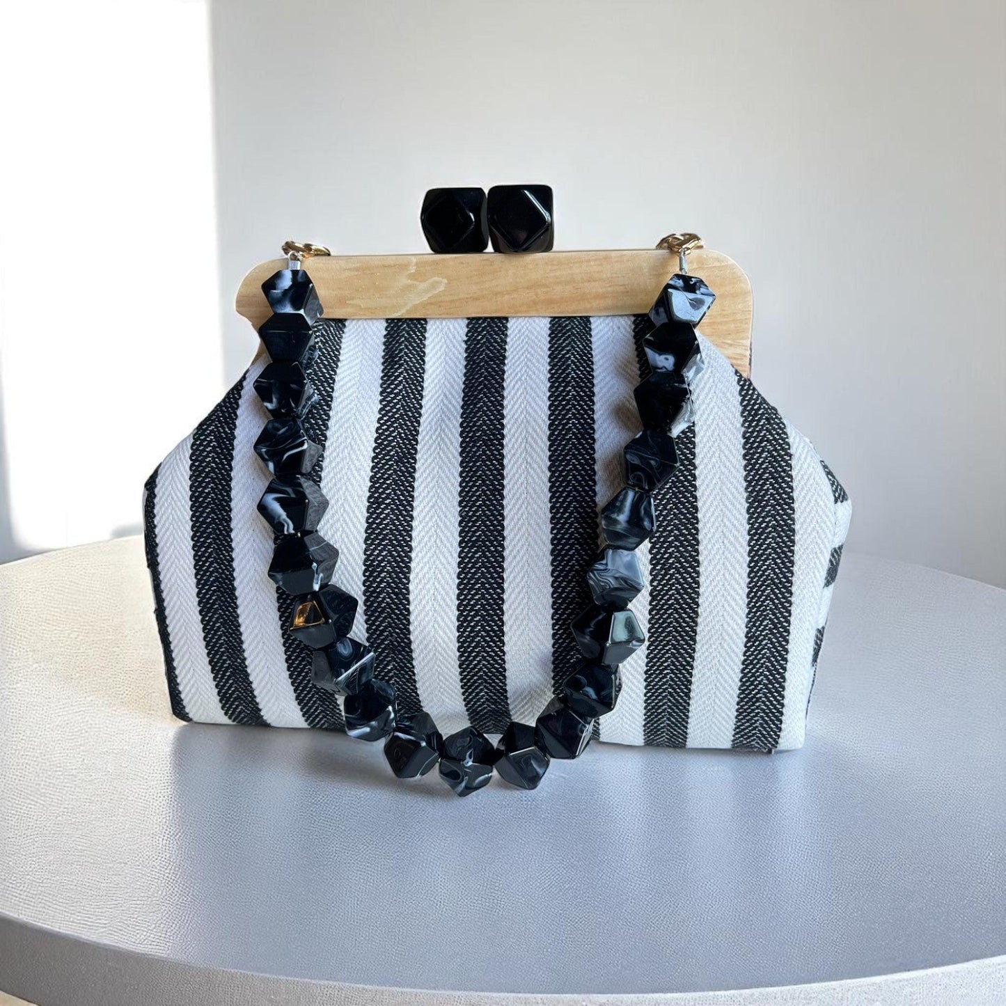 Striped Canvas Clutch with Wooden Frame – Handmade  Purse, Boho Bag, Summer Accessory, Lightweight & Durable