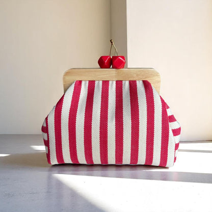 Red White Striped Clutch with Wooden Frame | Handmade Canvas Purse with Cherry Clasp | Nautical Summer Bag