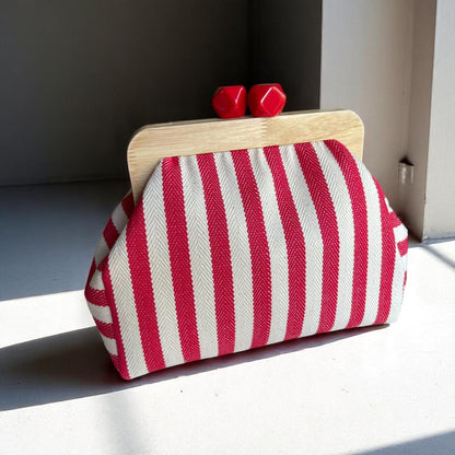 Red White Striped Clutch with Wooden Frame | Handmade Canvas Purse with Cherry Clasp | Nautical Summer Bag