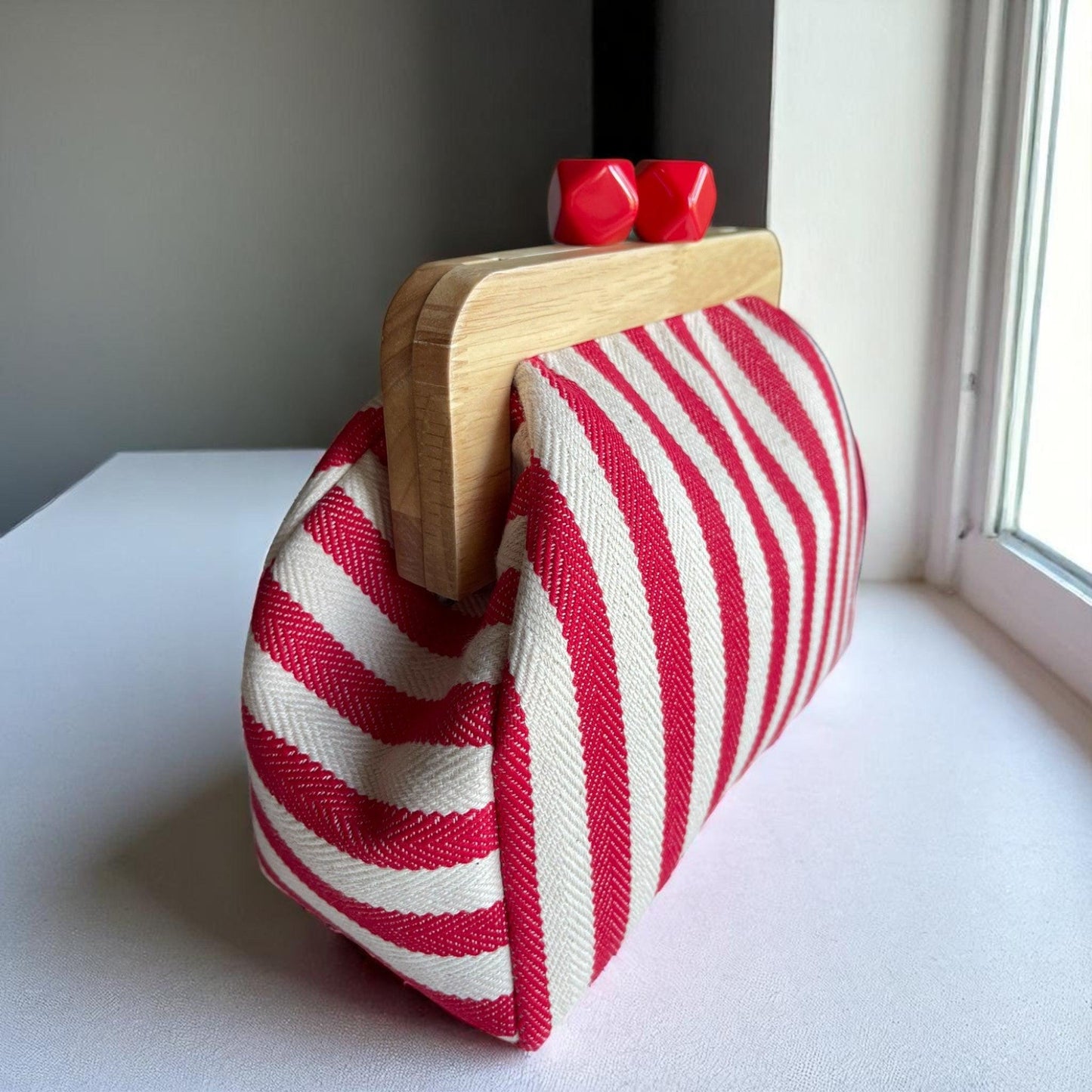 Red White Striped Clutch with Wooden Frame | Handmade Canvas Purse with Cherry Clasp | Nautical Summer Bag