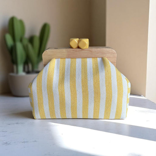 Handmade Yellow Striped Canvas Clutch with Wooden Frame, Boho Purse, Stylish Summer Bag, Handcrafted In Turkiye - Glam Duchess