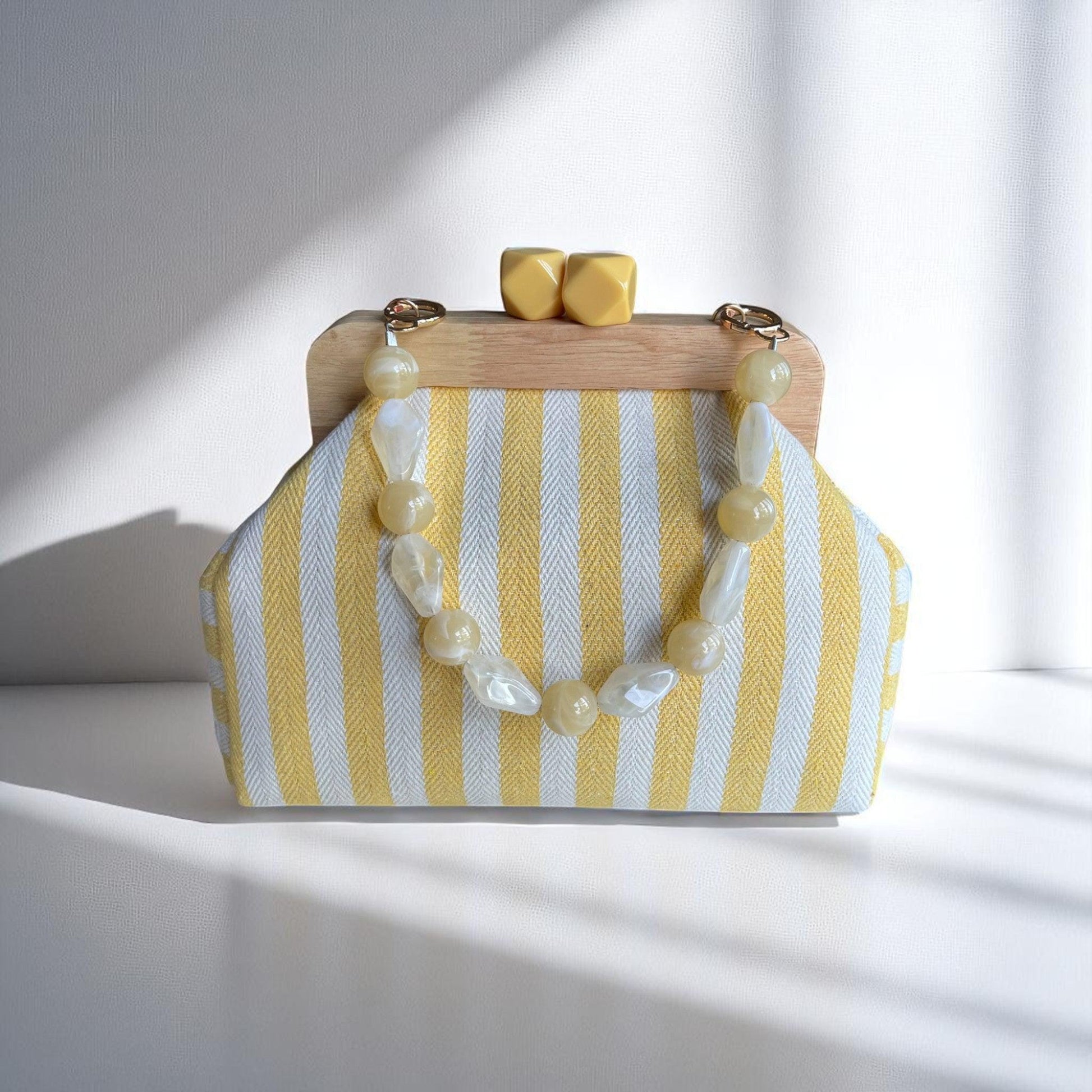 Handmade Yellow Striped Canvas Clutch with Wooden Frame, Boho Purse, Stylish Summer Bag, Handcrafted In Turkiye - Glam Duchess