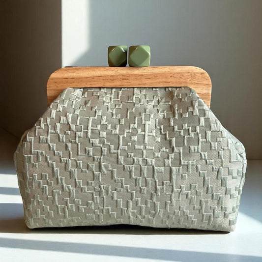 Sage Green Textured Clutch with Wooden Frame | Handmade Geometric Clasp Purse | Neutral Evening Bag | Soft Fabric Clutch | Made in Türkiye