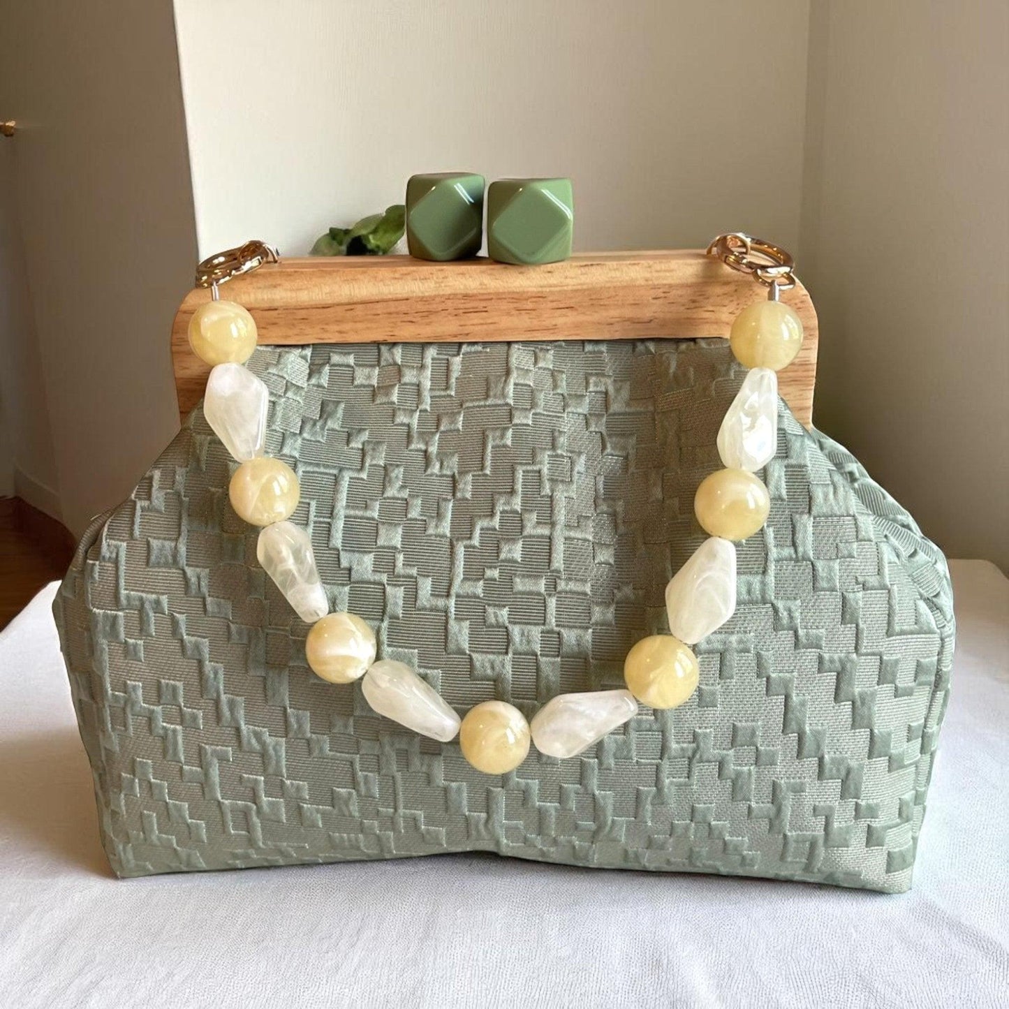 Sage Green Textured Clutch with Wooden Frame | Handmade Geometric Clasp Purse | Neutral Evening Bag | Soft Fabric Clutch | Made in Türkiye