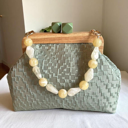 Sage Green Textured Clutch with Wooden Frame | Handmade Geometric Clasp Purse | Neutral Evening Bag | Soft Fabric Clutch - Glam Duchess