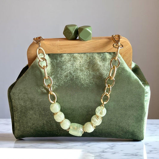 Green Velvet Clutch with Wooden Frame and Gemstone Chain, Handmade Evening Bag | Elegant Party Purse | Aramele Atelier - Glam Duchess