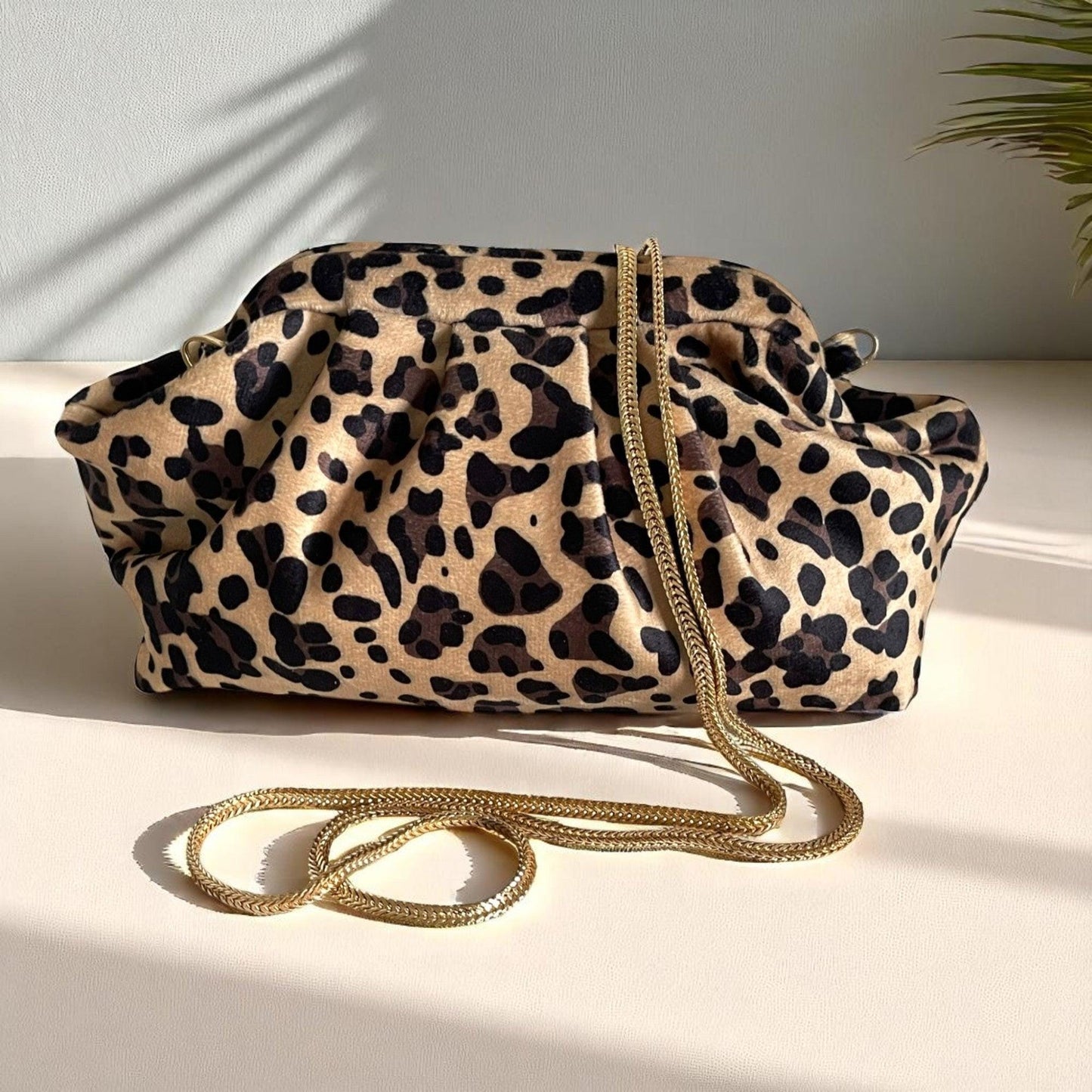 Leopard Print Clutch Bag with Gold Chain & Beaded Handle - Handmade Animal Print Evening Purse from Türkiye - Statement Fashion Accessory