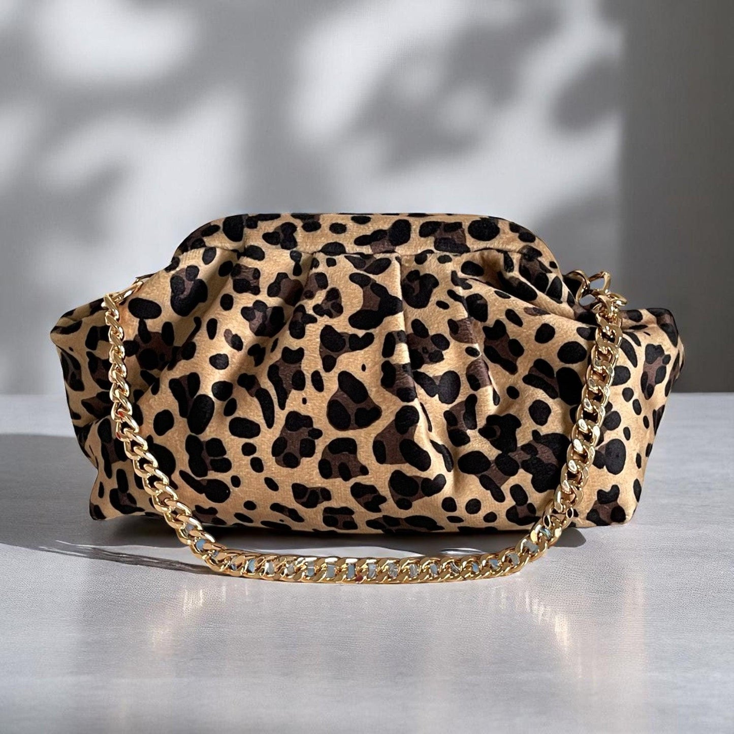 Leopard Print Clutch Bag with Gold Chain & Beaded Handle - Handmade Animal Print Evening Purse from Türkiye - Statement Fashion Accessory