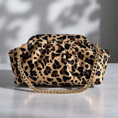 Leopard Print Clutch Bag with Gold Chain & Beaded Handle - Handmade Animal Print Evening Purse - Statement Fashion Accessory - Glam Duchess