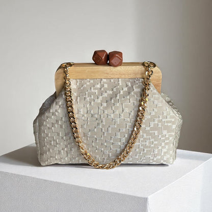 Beige Textured Clutch with Wooden Frame,Handmade Neutral Evening Bag with Brown Geometric Clasp | Elegant Structured Purse|