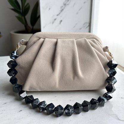 Beige Clutch with Gold Chain and Beaded Handle, Handmade Neutral Evening Bag, Soft Folded Purse | Elegant Party Clutch