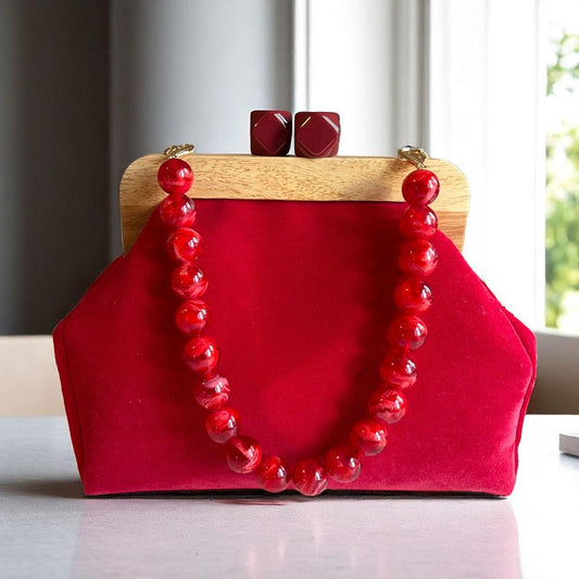 Handmade Red Velvet Clutch with Wooden Frame | Bold Evening Bag | Geometric Clasp Purse | Gift for Her | Made in Türkiye