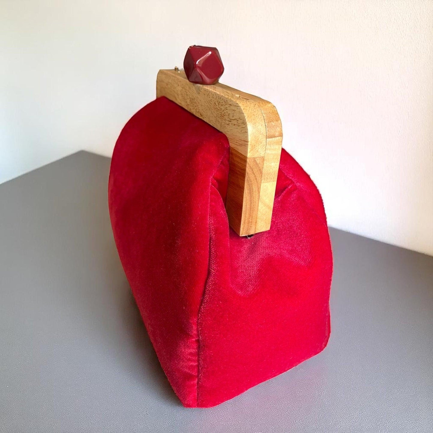 Handmade Red Velvet Clutch with Wooden Frame | Bold Evening Bag | Geometric Clasp Purse | Red Handbag| Gift for Her - Glam Duchess